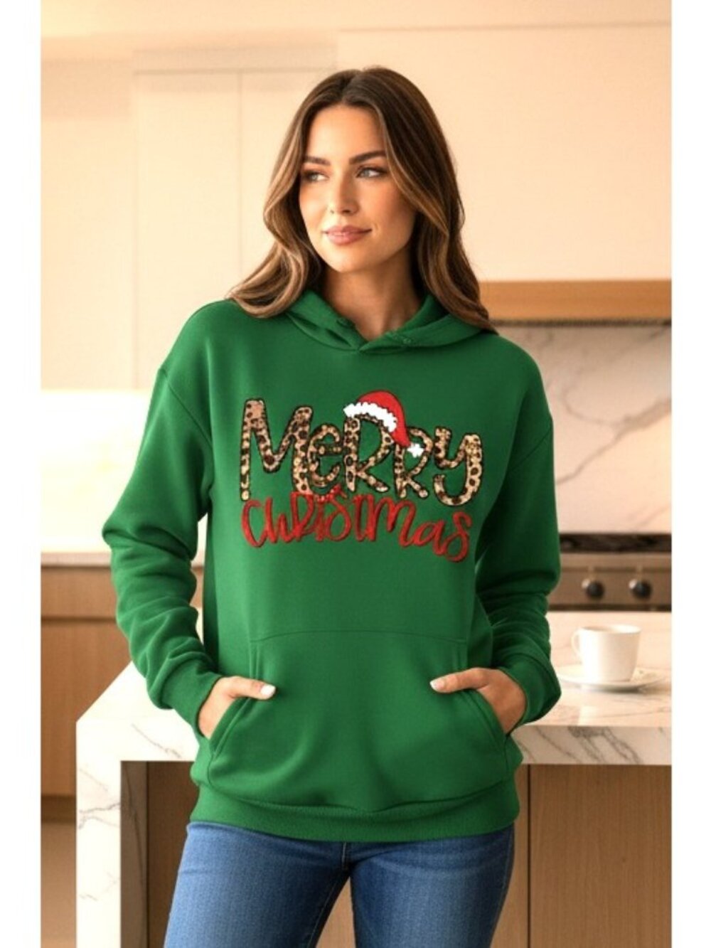 Leopard Merry Christmas Oversized Pullover Drawstring Hoodie Holiday Sweatshirt